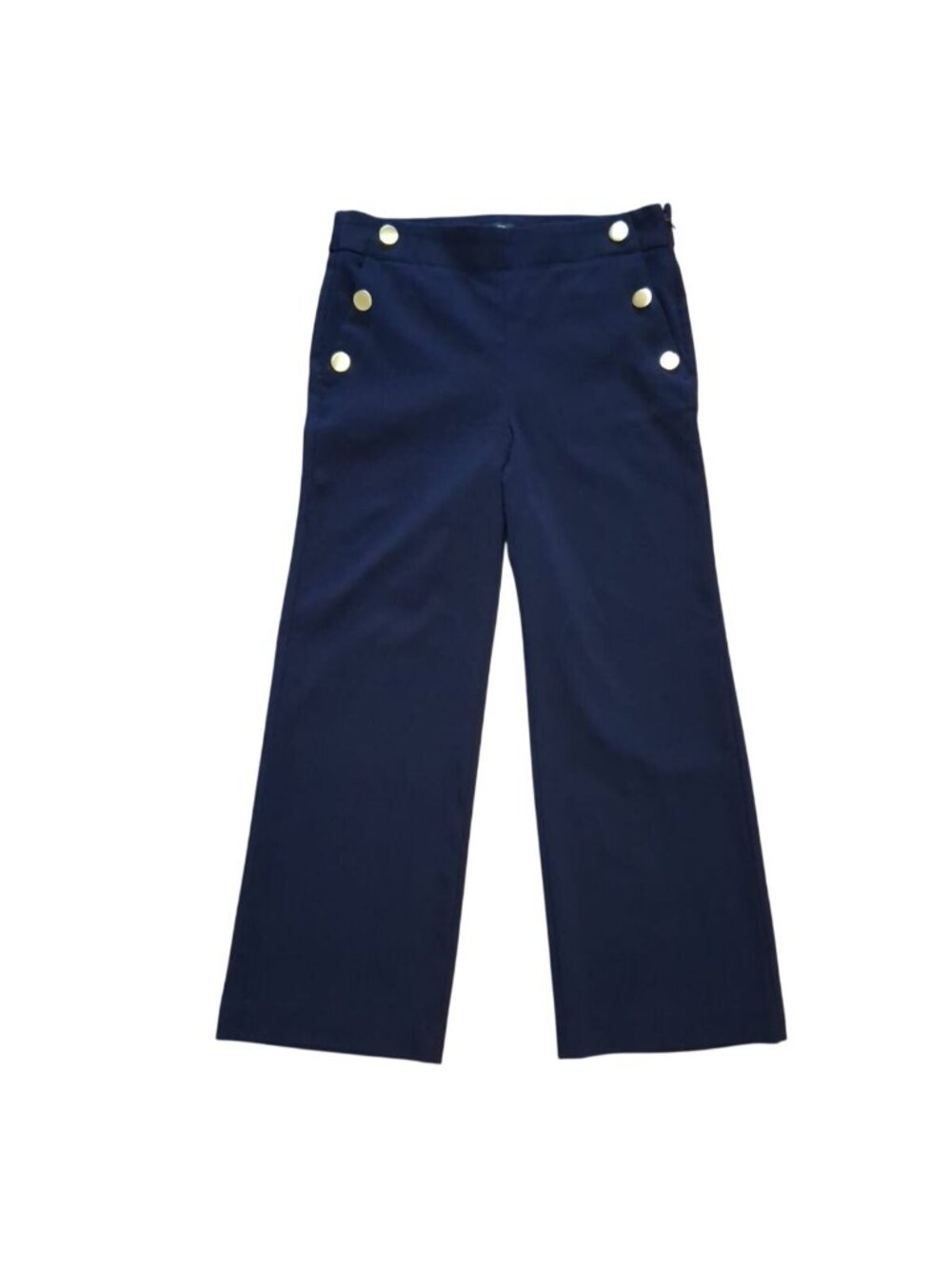 LOFT Petite High-Waist Wide-Leg Trousers Gold Button Accents 6P Black Stretch